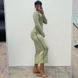 Solid casual round neck long sleeve high waist reverse fitting long dress