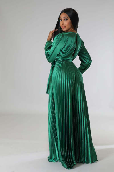 Fashion Pleated Heat Setting Solid Sexy V-Neck High Waist Wide Leg Jumpsuit