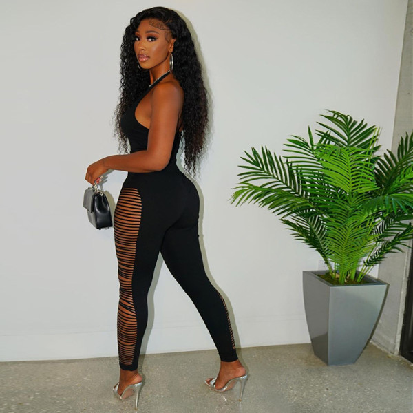 Women's solid color tight skinny round neck sleeveless chest hollow sanded worn one piece leggings