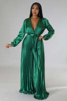 Fashion Pleated Heat Setting Solid Sexy V-Neck High Waist Wide Leg Jumpsuit Fashion Pleated Heat Setting Solid Sexy V-Neck High Waist Wide Leg Jumpsuit