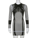 Women's striped irregular printing half high collar long sleeve tight hip bag sexy temperament one-piece skirt