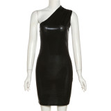 Sexy Slim Solid Slant Shoulder Sleeveless Hip Wrap Dress
