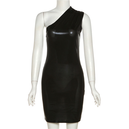 Sexy Slim Solid Slant Shoulder Sleeveless Hip Wrap Dress