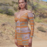 Hanging neck sexy V-neck slim pure sexy long sleeve contrast print dress