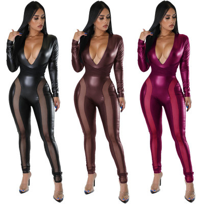 PU leather splicing mesh tight high elastic sexy jumpsuit