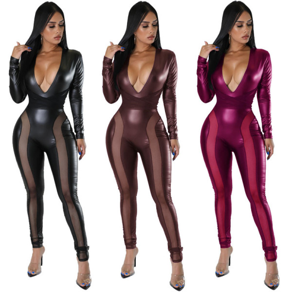 PU leather splicing mesh tight high elastic sexy jumpsuit
