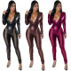 PU leather splicing mesh tight high elastic sexy jumpsuit