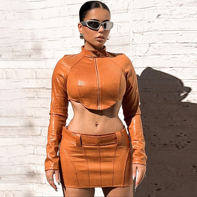 Fashion open navel zipper long sleeve top slim belt skirt suit
