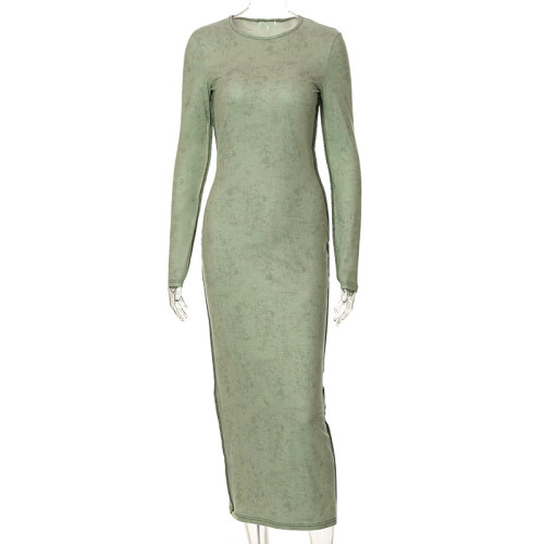 Solid casual round neck long sleeve high waist reverse fitting long dress