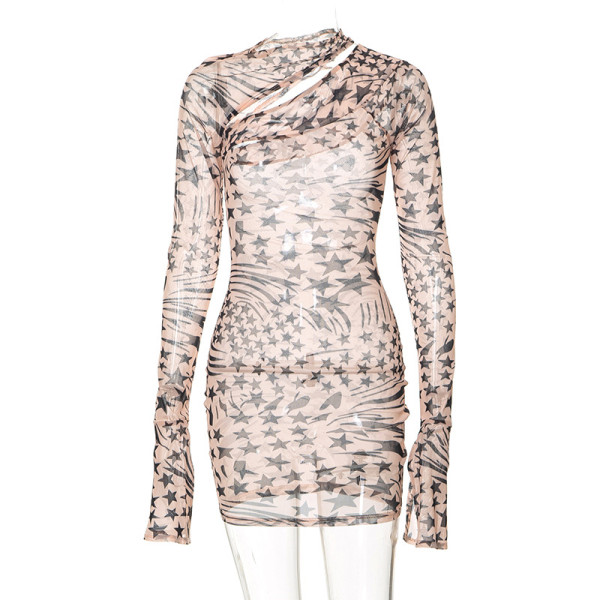 Fashionable new printed sexy mesh perspective hip wrap dress