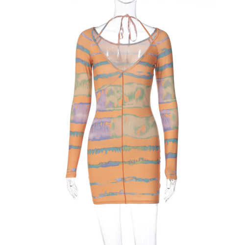 Hanging neck sexy V-neck slim pure sexy long sleeve contrast print dress