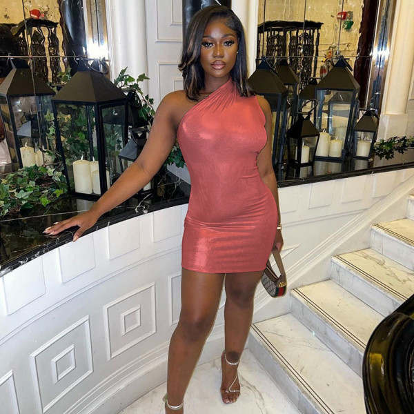 Sexy Slim Solid Slant Shoulder Sleeveless Hip Wrap Dress