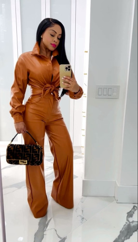 Fashion casual solid color long sleeve lapel pu leather suit