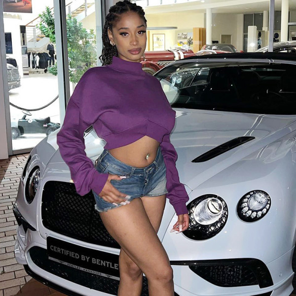 Solid casual open navel high collar long sleeve slim short top