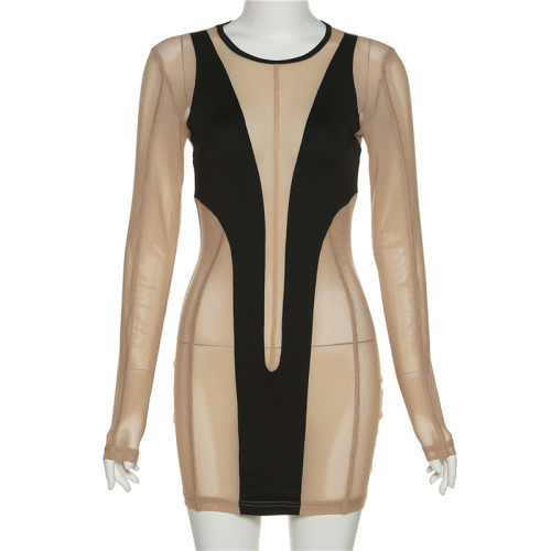 Sexy Spice Girl Mesh Splice Contrast Slim Wrap Hip Dress