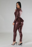 PU leather splicing mesh tight high elastic sexy jumpsuit