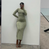 Solid casual round neck long sleeve high waist reverse fitting long dress