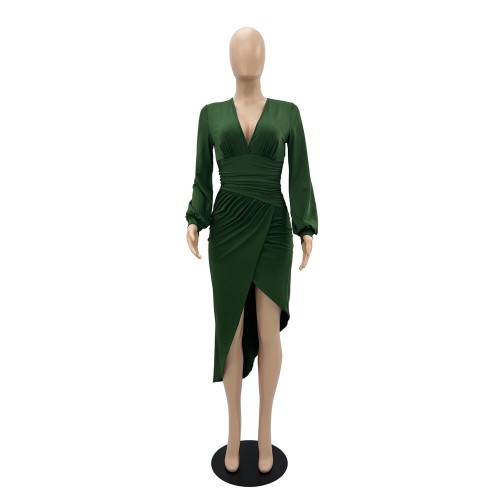 Long sleeve V-neck waistband irregular sexy slim women's dress