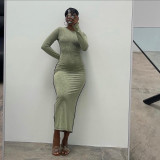 Solid casual round neck long sleeve high waist reverse fitting long dress