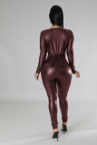 PU leather splicing mesh tight high elastic sexy jumpsuit