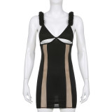 Solid V-neck wool sling sleeveless backless hollow mesh tight hip bag elegant jumpsuit short