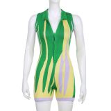 Color Block Panel Contrast Basic Sports Collar Sleeveless Button Tight Woolen Jumpsuit Shorts