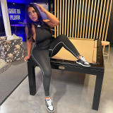 Solid stand collar, backless, color contrast, tight fitting, hip lifting, skinny jumpsuit trend