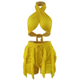 One-shoulder strapless drawstring fringed two-piece shorts