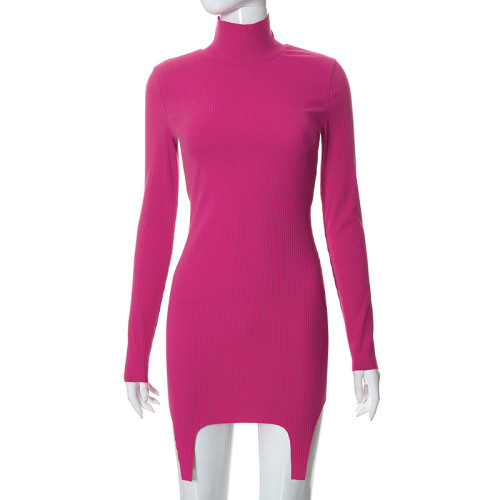Solid Casual High Neck Long Sleeve Slim Wrap Hip Short Dress