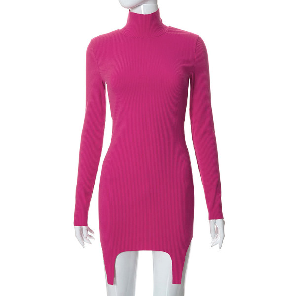 Solid Casual High Neck Long Sleeve Slim Wrap Hip Short Dress