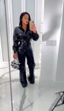 Fashion casual solid color long sleeve lapel pu leather suit