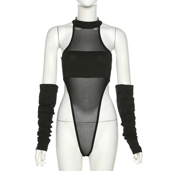 Women's fashion round neck perspective mesh one-piece fitting T-shirt