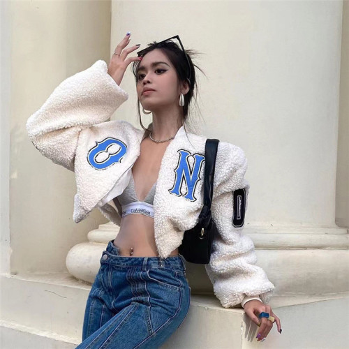 Women's fashion letter embroidered slim warm jacket coat