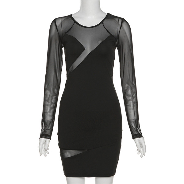 Women's round neck long sleeve perspective mesh splicing sexy slim bag hip dress