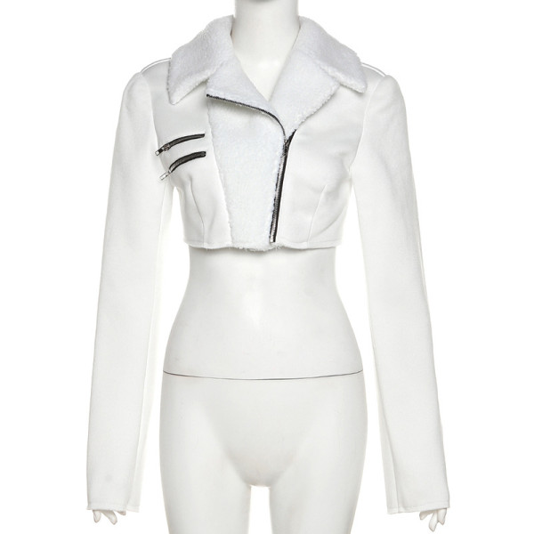 Women's fashion slim short metal zipper wool collar casual jacket