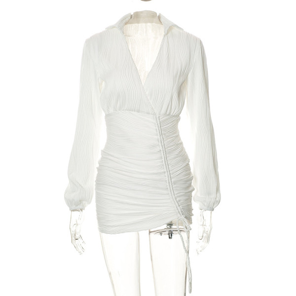 Solid casual lapel long sleeve pleated slim short dress