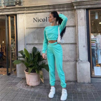 Women's fashion round neck long sleeved T-shirt slim casual pants suit