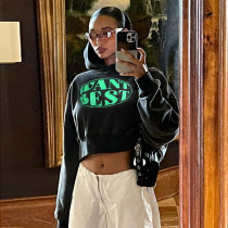 Knitted printed retro American printed short long sleeved hooded sweater Autumn women's open navel top Knitted printed retro American printed short long sleeved hooded sweater Autumn women's open navel top