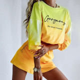 Knitted round neck gradient contrast embroidered long sleeved T-shirt Autumn women's ins fashion brand shorts set