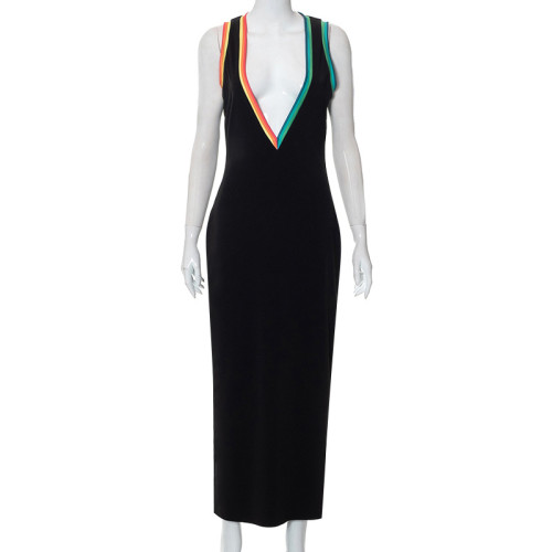 Deep V color contrast high waist sexy hip lift dress