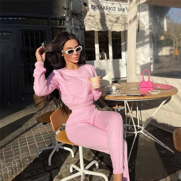 Women's fashion round neck long sleeved T-shirt slim casual pants suit