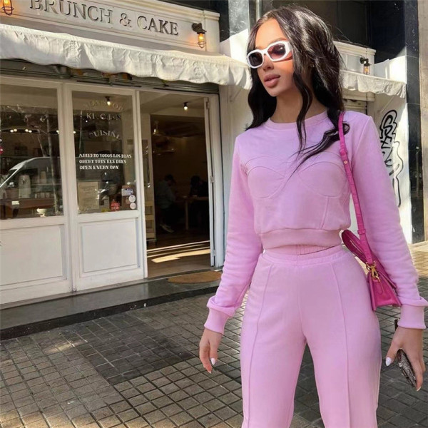 Women's fashion round neck long sleeved T-shirt slim casual pants suit
