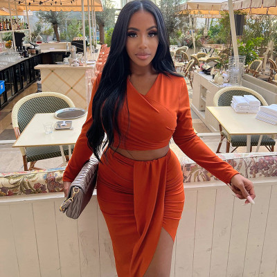 Fashion V-neck long sleeved T-shirt hip bag slit dress suit