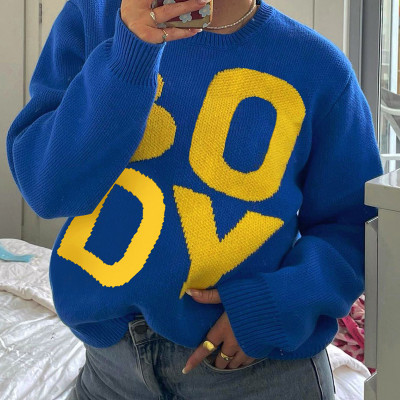 Knitted letter embroidery large size long sleeve sweater ins fashion label autumn women's loose casual top