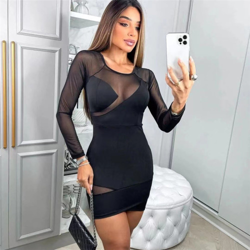 Women's round neck long sleeve perspective mesh splicing sexy slim bag hip dress