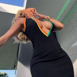 Deep V color contrast high waist sexy hip lift dress