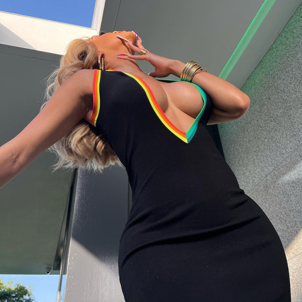 Deep V color contrast high waist sexy hip lift dress