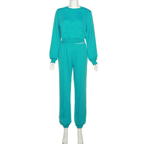 Women's fashion round neck long sleeved T-shirt slim casual pants suit