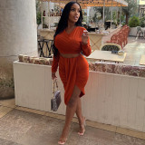 Fashion V-neck long sleeved T-shirt hip bag slit dress suit