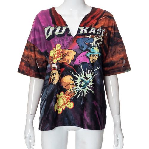 Fashion V-neck personality print street hot girl T-shirt top